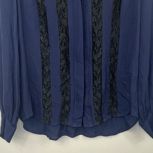 L'Agence Navy Blue Semi Sheer Silk Button Down Blouse XS Lace Trim - Picture 5 of 13